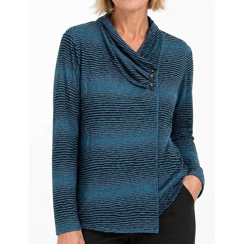 Habitat Womens XL Teal Blue Black Striped Asymmetrical Button Cowl Neck Top